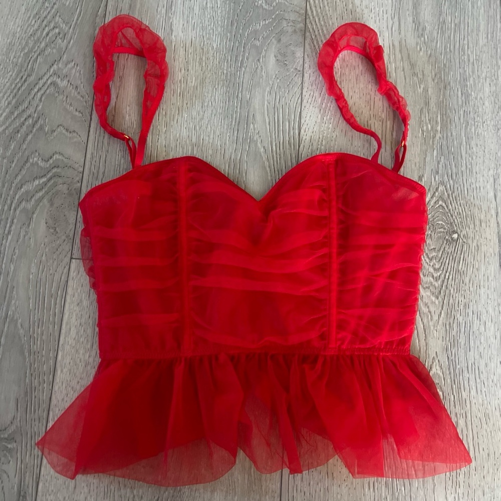 Red Ruffle Tulle Bustier Crop Top